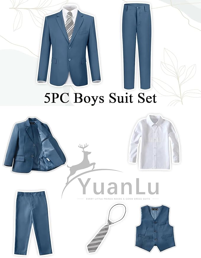YuanLu Boys Suit for Kids Tuxedo Wedding Ring Bearer Outfit, 5 Piece Boy Slim Fit Formal Suits with Adjustable Waist