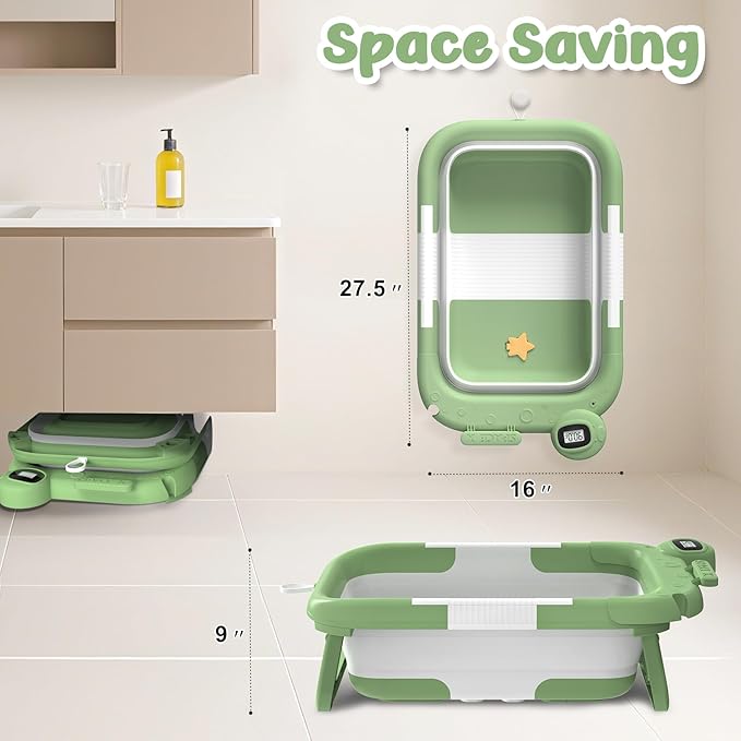Collapsible Baby Bathtub for Newborn to Toddler (0-24 Months), Portable Baby Bath Tub for Travel, Newborn Bathtub with Soft and Supportive Cushion (Astronaut-Green)