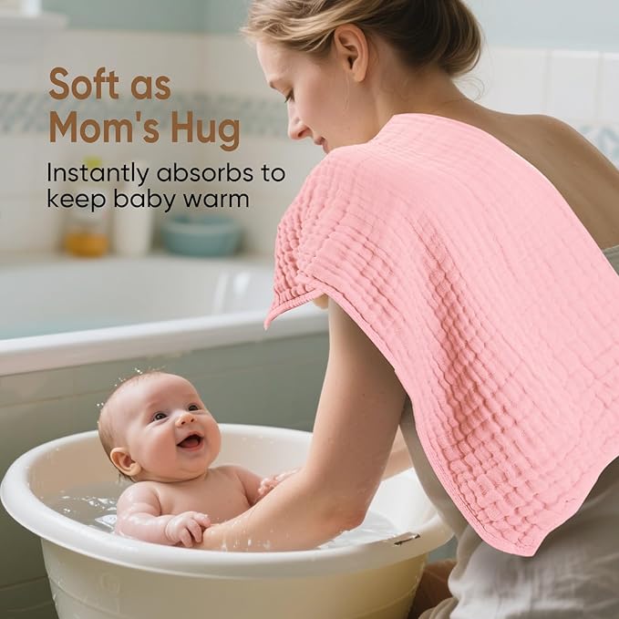 Muslin Hooded Baby Towels 100% Cotton ，Super Soft Muslin Baby Bath Towel - 32 x 32 Inches, Suitable for Newborn and Young Children up to 3 Years Old. (Light Pink & Dark Pink)