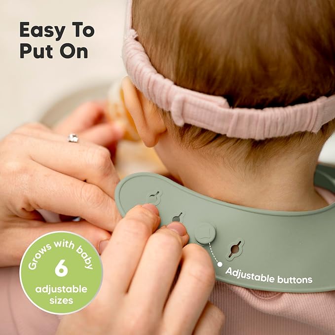 KeaBabies 2-Pack Silicone Baby Bibs for Eating - Sturdy Food-Grade Silicone Bibs for Babies Girl, Boy, Large Food Catcher, Clean & Put On Easily, Waterproof Toddler Feeding Essentials (Sage)