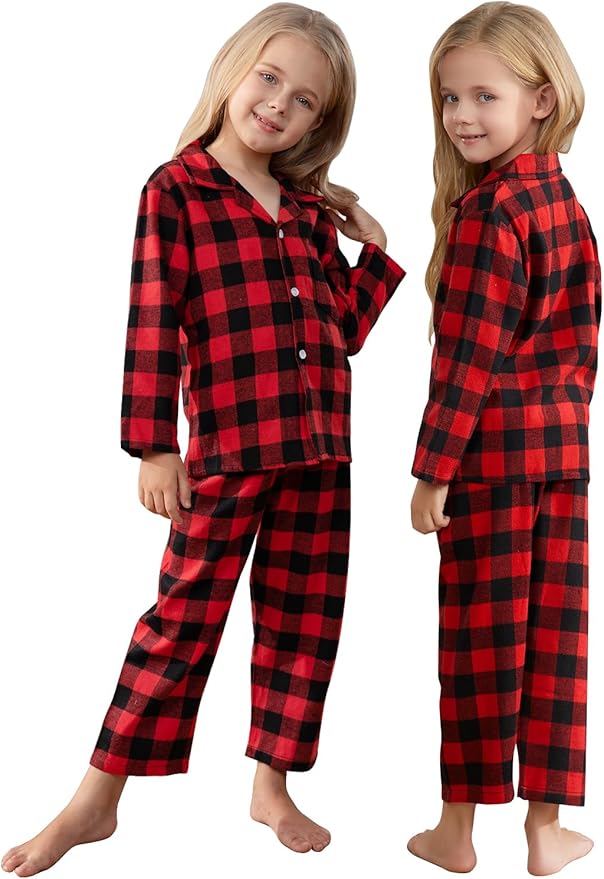 Schbbbta Kids Pajamas Set, Plaid Button Down Pjs for Girls & Boys, 9 Months - 14 Years