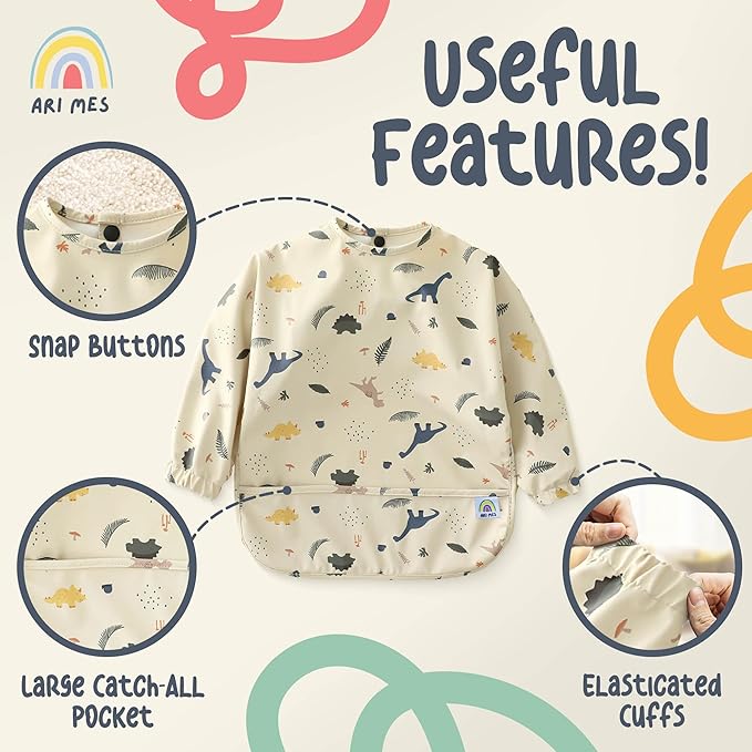 ARI MES Long Sleeves Waterproof Baby Bibs for Eating - Pink, Medium- Wearable, Coverall for Toddler, Long Sleeve Bib, Smock Apron for Feeding - Applicable for 6-72 Months