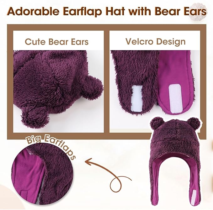 Bear Baby Winter Hat Toddler Earflap Beanie Unisex Infant Snow Cap Warm Fleece Kids Trapper Hats for Girls Boys 0-36M
