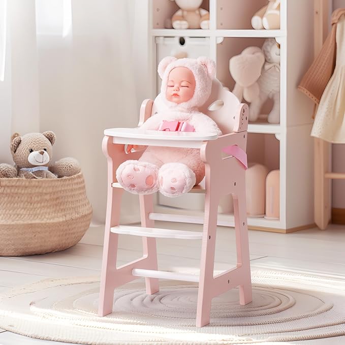 ROBOTIME High Chair for Pretend Play, Wooden Baby Doll Furniture with Safety Belt and Footrest, Fits 18 Inch Dolls, Gift for Ages 3+, White/Pink