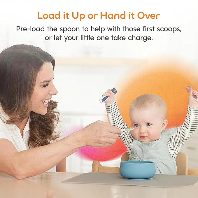 NumNum Baby Spoons Set, Baby Essentials Pre-Spoon GOOtensils for 6+ Months, First Stage Self-Feeding Spoons for Baby Led Weaning (BLW), Silicone Toddler Utensils, BPA-Free, 2 Pack Pink/Orange