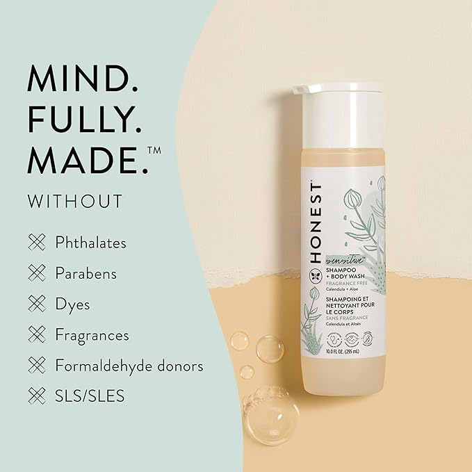 The Honest Company 2-in-1 Cleansing Shampoo and Body Wash for Sensitive Skin, Gentle Tear-Free Hypoallergenic Baby Wash with Naturally Derived Ingredients, Fragrance-Free, 18 fl oz
