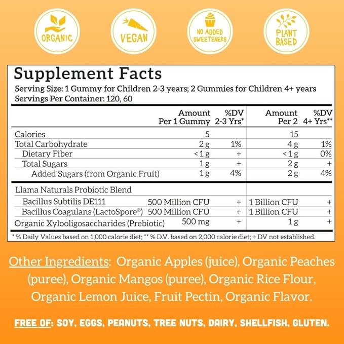 Llama Naturals Kids Probiotic with Prebiotic Fiber, Vegan, Organic Prebiotics and Probiotics Gummies for Gut Health Support, Toddler Real Fruit Gummy Vitamins, No Added Sugar Cane, Peach Mango, 120 Ct