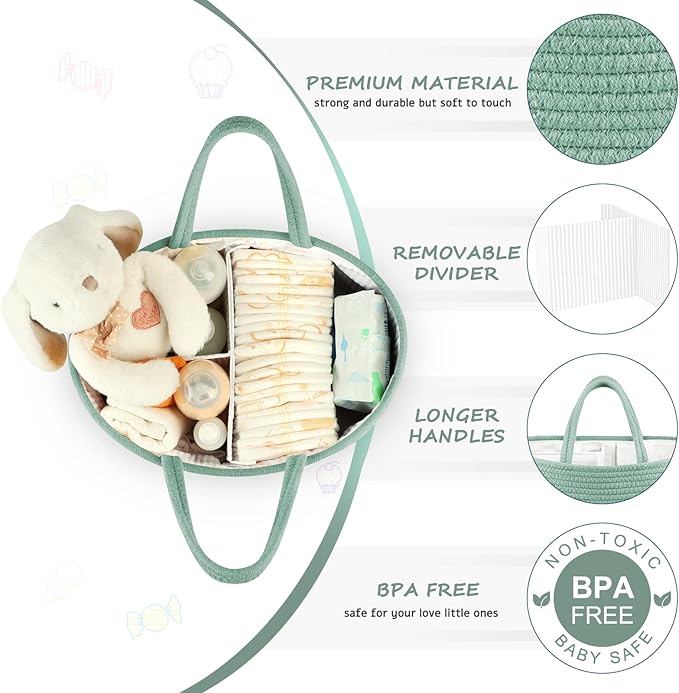 Maliton Diaper Caddy Organizer for Baby, Portable Diaper Storage Organizer for Changing Table and Car, Cotton Rope Nursery Storage Bin Basket for Baby Shower, Newborn Essentials Must Haves - Green