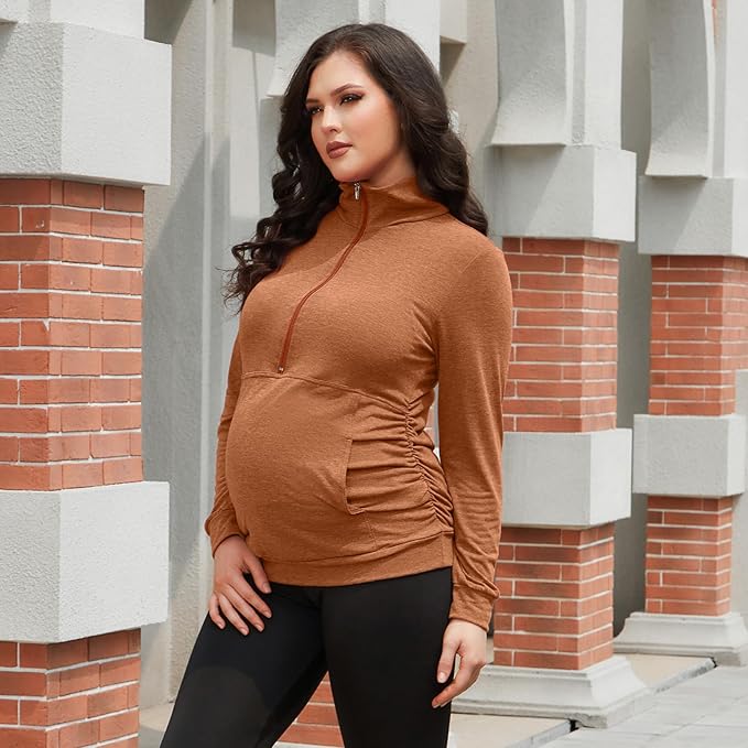 GINKANA Maternity Women's Long Sleeve Shirt Half Zipper Lapel Lightweight Casual Maternity Pullover with Pockets