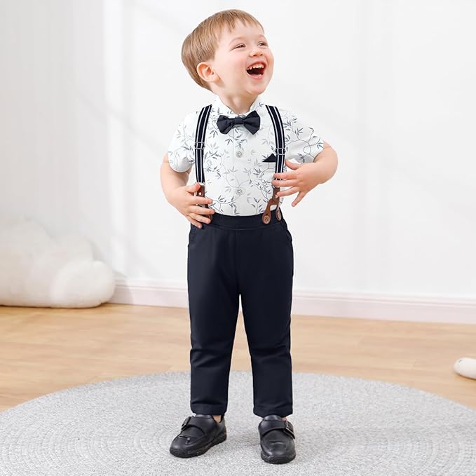 nilikastta Boy Suit Toddler Boy Outfit Boy Dress Shirt with Bowtie/Suspender Pants Gentleman Wedding Outfits 1-10 Years