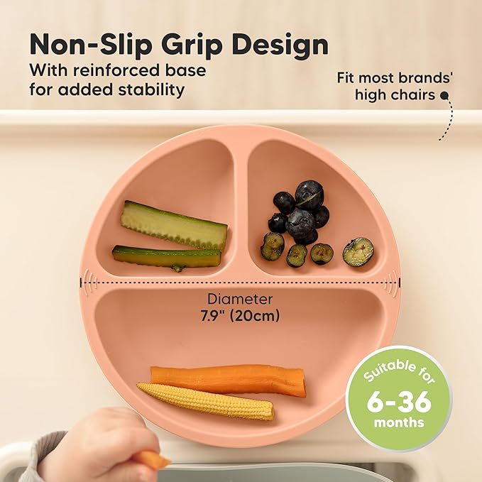 KeaBabies Suction Plates for Baby, Toddler - 3-Pack 100% Silicone Toddler Plates with Suction, Divided, BPA-Free Baby Led Weaning Essentials for Kids, Dishwasher, Microwave Safe, Durable (Roseate)