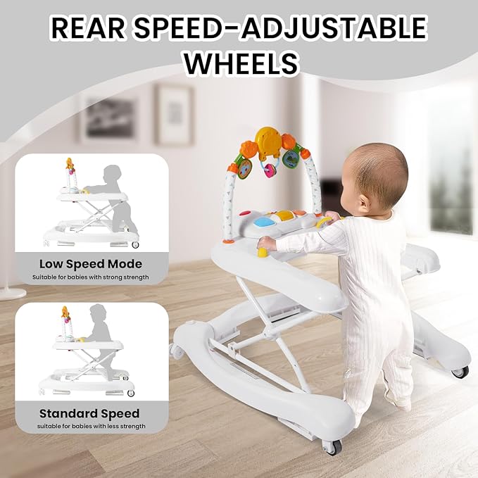 5-in-1 Baby Walker, Baby Walkers for Boys Girls 6-18 Months, Foldable Activity Walker, Toddler Infant Walker with Bouncer, Adjustable Height, Removable Footrest, Feeding Tray, Music