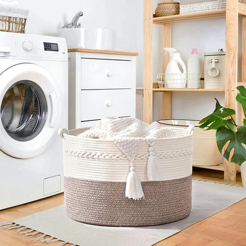 67L Large Blanket Basket, 20"x13" Woven Storage Baskets With Handle, Cotton Rope Blanket Basket Living Room, Baby Laundry hamper for Blanket, Nursery, Toy, Pillow (White & Oatmeal)