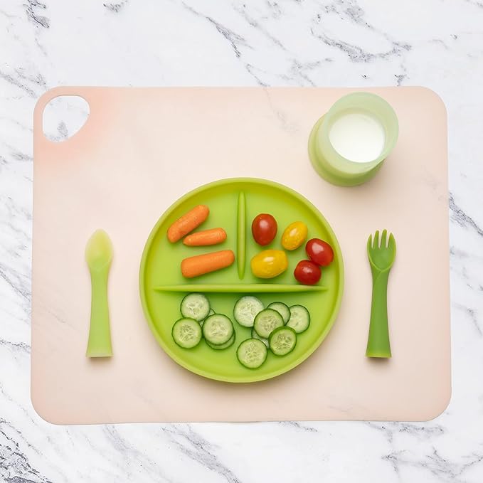 Olababy Fold N Go Silicone Placemat w Travel Case | Dishwasher Safe, BPA Free, Non-Slip, Waterproof | Mini Dining Mat for Infants, Babies, Toddlers and Kids (2, Blueberry/Pearl)