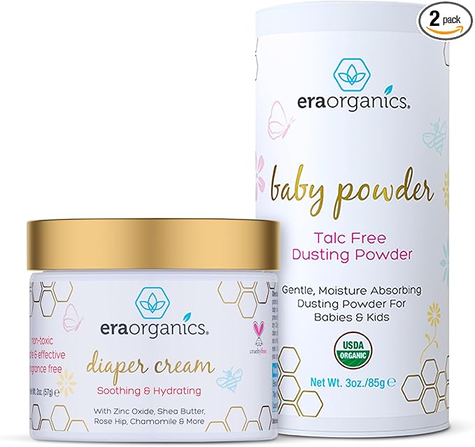Organic Baby Powder & Diaper Rash Cream– USDA Organic Talc-Free Powder & Zinc Oxide Diaper Cream to Help Soothe, Moisturize & Protect Delicate Skin