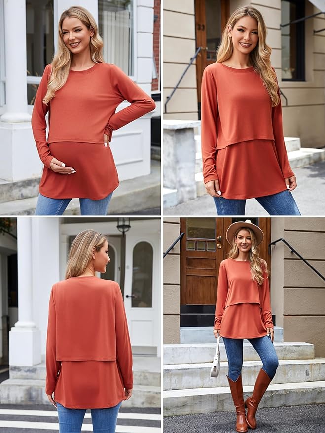 Ecavus Women's 3Pack Maternity Nursing Shirts Long Sleeve Double Layer Breastfeeding Shirts Comfy Pregnancy Clothes