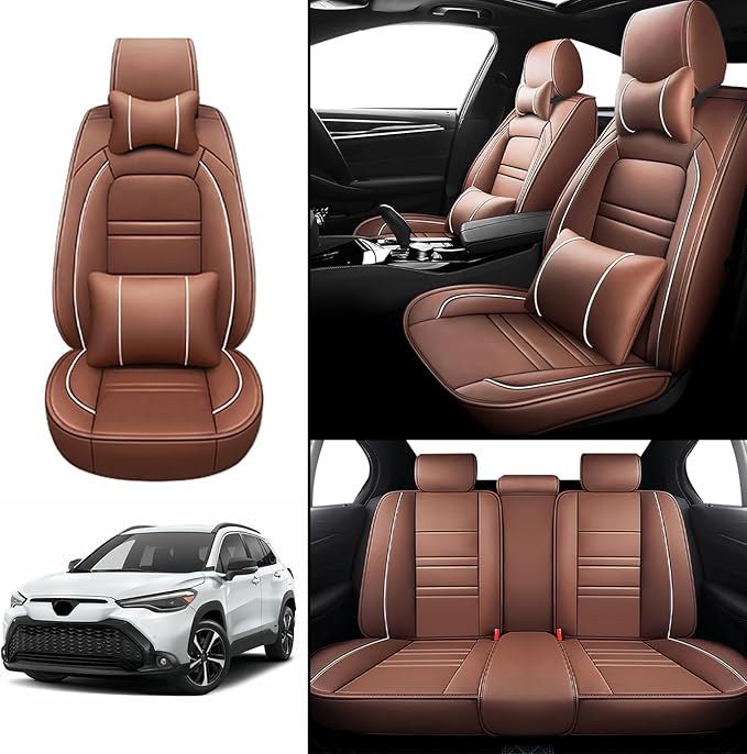 Car Seat Covers for Toyota Corolla Cross 2022-2025 | 5-Seats Seat Covers, Waterproof Seat Protectors, Automotive Seat Covers (Full Set with Pillow,Coffee)