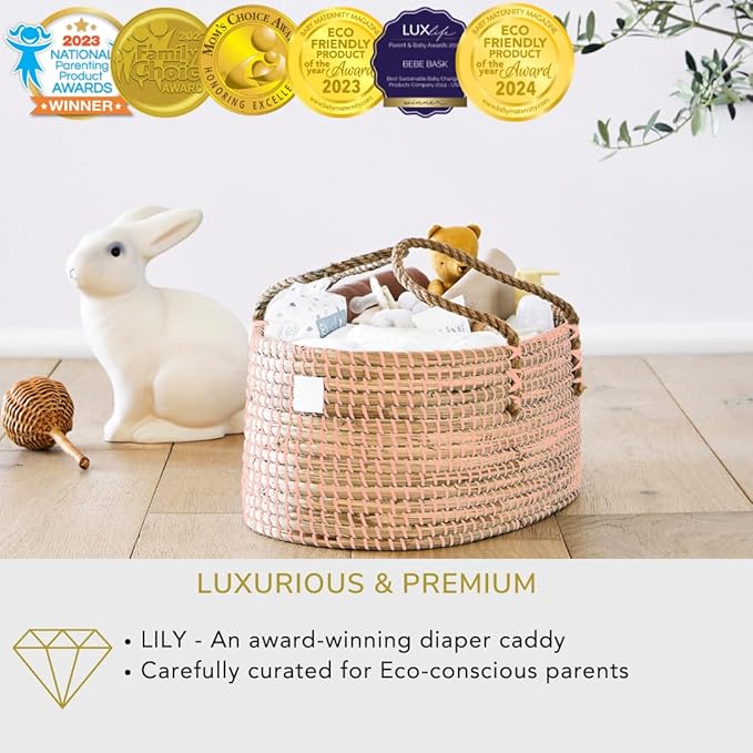 BEBE BASK Premium Pink Baby Diaper Caddy Organizer -Handmade - Seagrass Basket With Cotton Divider - Award-Winning & Luxury Pink Diaper Caddy Basket - (Blush)