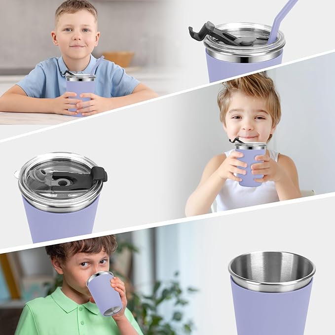 Kids Cups with Straws and Lids Leak Proof, 12oz Sippy Cups for Toddlers 1-3, Spill Proof Cup Stainless Steel Kids Cups with Lids for Home School, Outdoor, 6 Pack