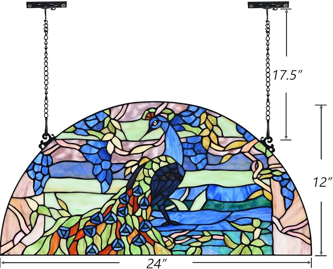 Bieye W10093 Peacock in Garden Tiffany Style Stained Glass Window Panel for Home Decor (Blue, 24Wx12H Half-Round)