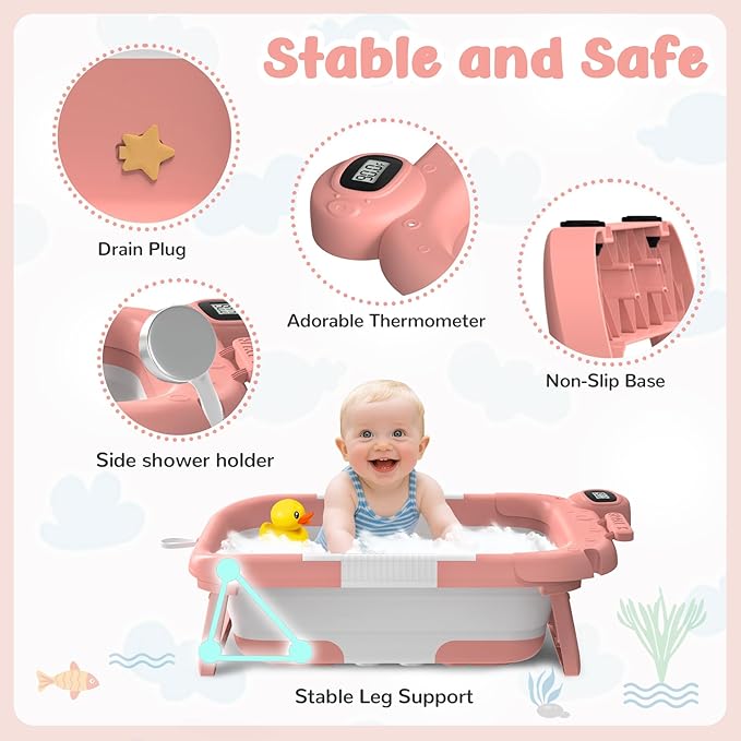 Collapsible Baby Bathtub for Newborn to Toddler (0-24 Months), Portable Baby Bath Tub for Travel, Newborn Bathtub with Soft and Supportive Cushion (Astronaut-Pink)