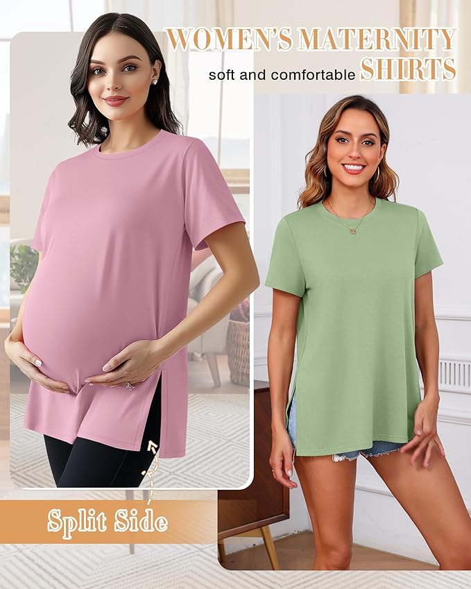 Ficerd 3 Pack Women's Maternity T Shirts, Short Sleeve Side Split Pregnancy Tops Casual Crew Neck Pregnant Tees Mama Clothes