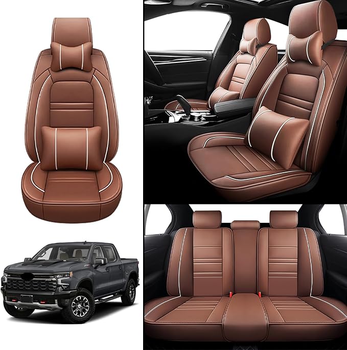 Car Seat Cover for Chevy Silverado 1500 2007-2025 | 5-Seats Seat Covers, Waterproof Seat Protectors, Automotive Seat Covers (Full Set with Pillow,Coffee)