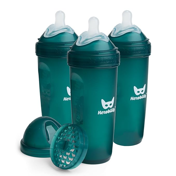 Herobility Double Anti-Colic Baby Bottles – 12 fl oz/340ml – 3-Pack – Dark Green