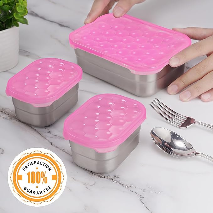 Small Stainless Steel Lunch Containers for Kids | Leak Proof BPA Free Snack Containers with Silicone Lids - Perfect Metal Snack Containers with Lids for School and Daycare (25oz+8oz*2)