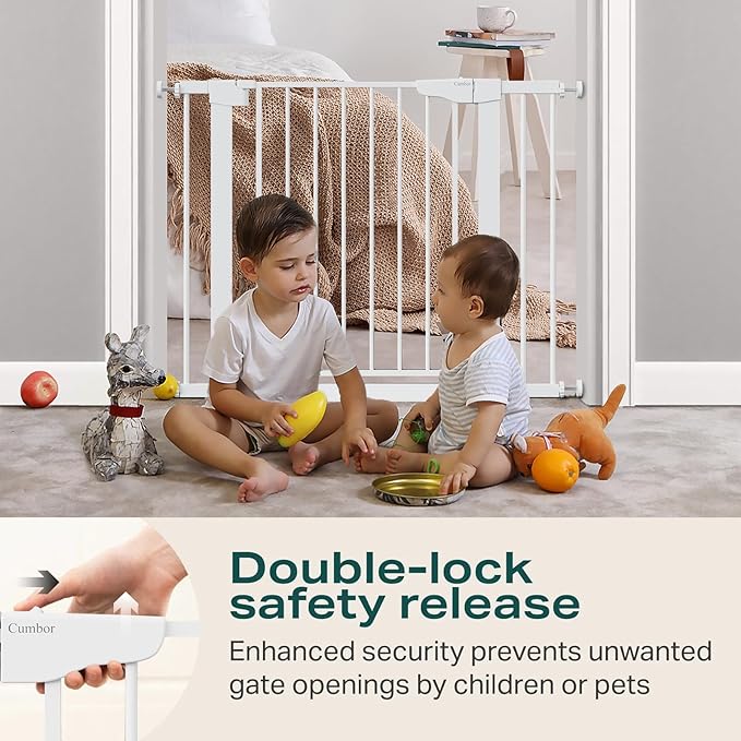 Cumbor 29.7-40.6" Baby Gate for Stairs, Mom's Choice Awards Winner-Dog Gate for Doorways, Pressure Mounted Auto-Close Pet Gates for Dogs Indoor, Safety Child Gate with Easy Walk Thru Door, White