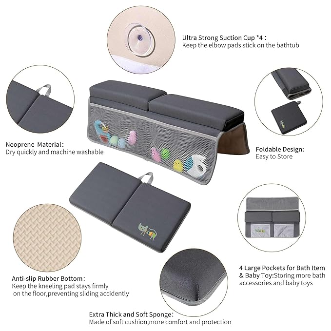 Bath Kneeler and Elbow Rest Pad Bath Kneeler Baby Bath Mat Kneeling Pad Bath Toy Organizer for Tub Kneeling Pad for Bathing Baby Memory Foam