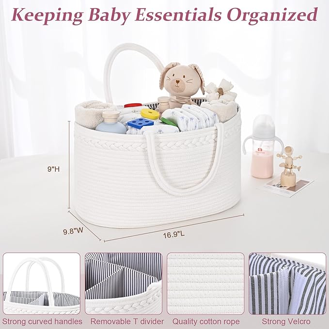 Baby Diaper Caddy Organizer, Cotton Rope Diaper Basket, Baby Basket for Changing Table, Nursery, Car, Changing Table Storage Bin With Removable Divider, Baby Shower Gifts for Newborn, Baby Essentials