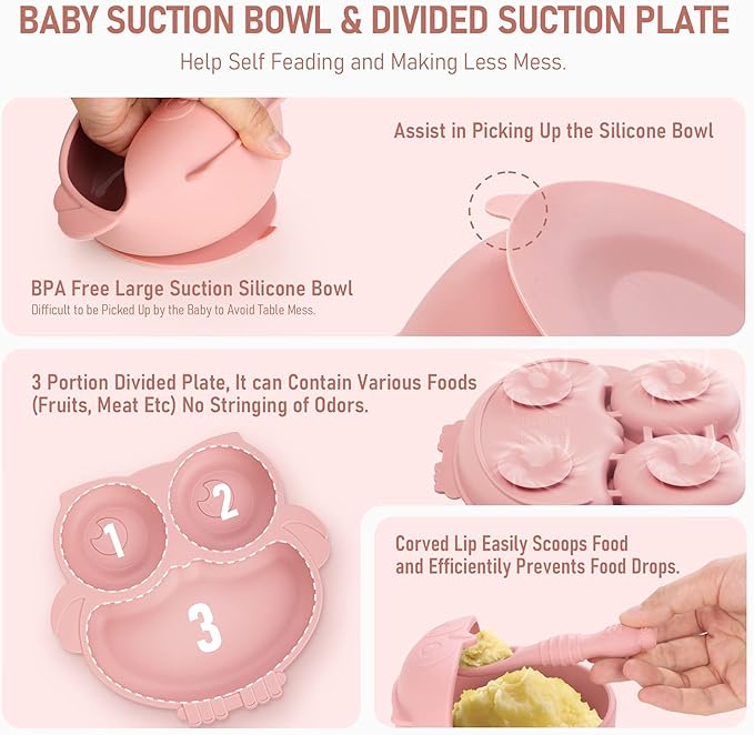 Baby Weaning Set - Silicone Toddler Feeding Set (10 Pcs) with Adjustable Bib, Suction Bowl, Plate, Fork, Spoon, Water & Snack Cup Kit - Baby Led Weaning Kit