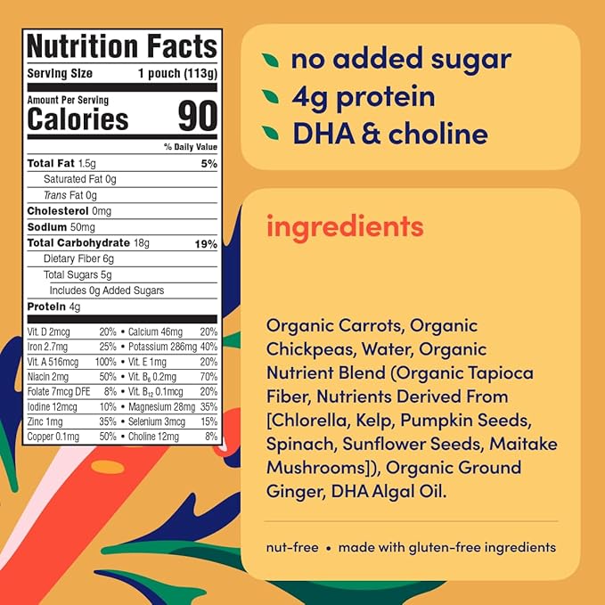 Cerebelly Organic Baby Food Pouches, Carrot Chickpea Purees, 16 Nutrients, No Added Sugar, Fiber & Non-GMO, 4oz, 6 Pack