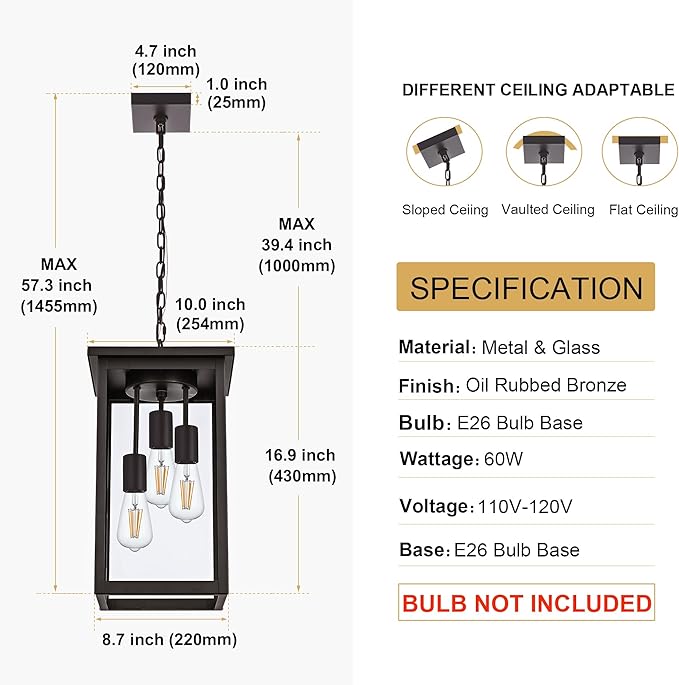 TODOLUZ 3-Light Large Outdoor Pendant Light Fixtures with Height Adjustable, Porch Hanging Lighting E26 Bulb Base in Oil Rubbed Bronze, Exterior Ceiling Lamp for Entrance Patio Garden