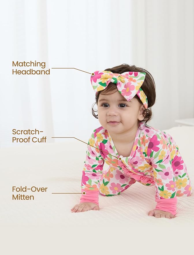 PATPAT Baby Girl Boy Clothes Newborn Infant Footie – Soft Viscose from Bamboo– 2-Way Zipper, Fold-Over Mitten, Ruffle Trim