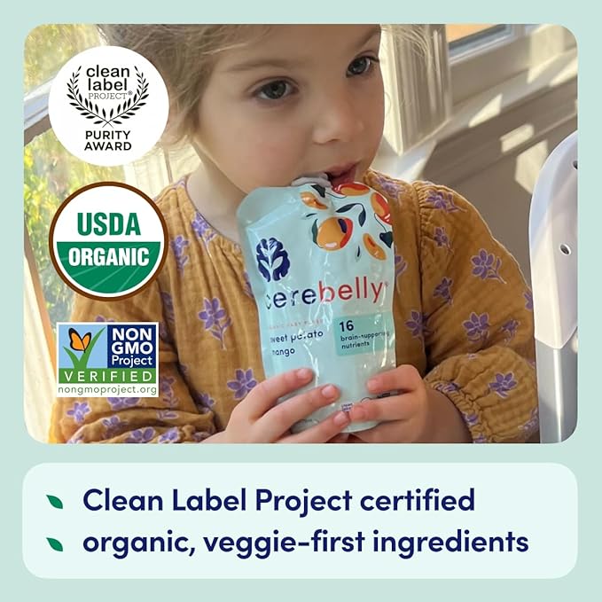 Cerebelly Organic Baby Food Pouches, Sweet Potato Mango Purees, 16 Nutrients, No Added Sugar, Fiber & Non-GMO, 4oz, 6 Pack