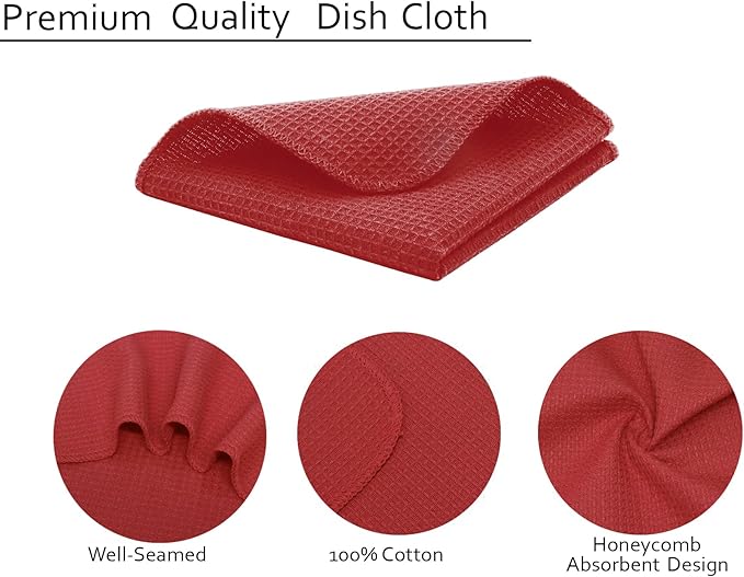 PurpleEssences Dish Cloths and Dish Rags - 6 Pack Waffle Weave Solid Kitchen Dish Wash Cloths, 100% Cotton, 12 x 12 Inches, Ultra Soft Absorbent Quick Drying - Fall Thanksgiving - Red