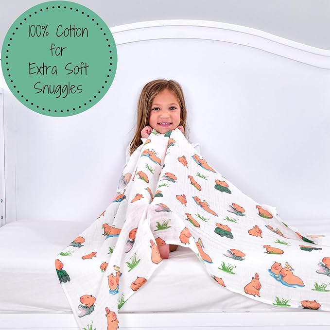 LollyBanks Swaddle Blanket, 100% Cotton Muslin Swaddle Blankets, Neutral Swaddle Blanket 47 x 47 Inches, Baby Blanket for Boys and Girls, Baby Essentials, Registry (Capybara Print)
