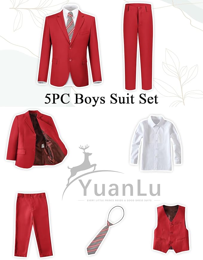 YuanLu Boys Suit for Kids Tuxedo Wedding Ring Bearer Outfit, 5 Piece Boy Slim Fit Formal Suits with Adjustable Waist
