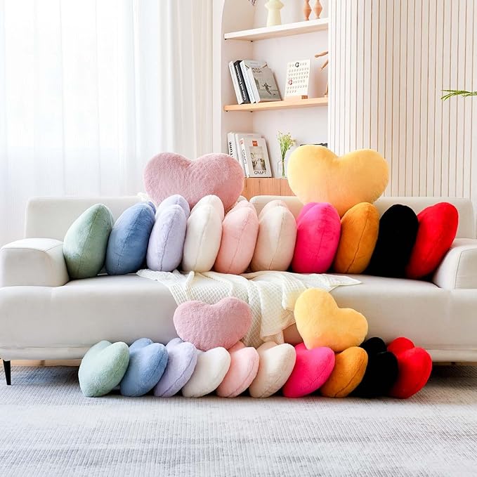Hot Pink Heart Pillows, Cute Heart Decorative Pillow, Heart Shaped Throw Pillows for Bed, Faux Rabbit Fur Plush Hoom Decor Pillow Cushion for Chair Sofa Living Room (Mini 12.9" x 9.8")