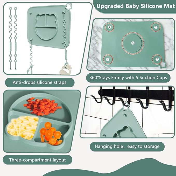 1 Pack Silicone Mat for Babies, Baby Placemat Built-in Suction Base and Equipped 4 Toy Straps & Anti-Peel Design, Activity Mat for Infants to Toddlers, Keeps Babies Essentials Off The Floor,Beige