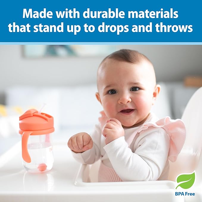 Dr. Brown's Milestones, Baby's First Straw Cup Sippy Cup with Straw, 6m+, 9oz/270ml, 2 Pack, Coral & Olive Green, BPA Free