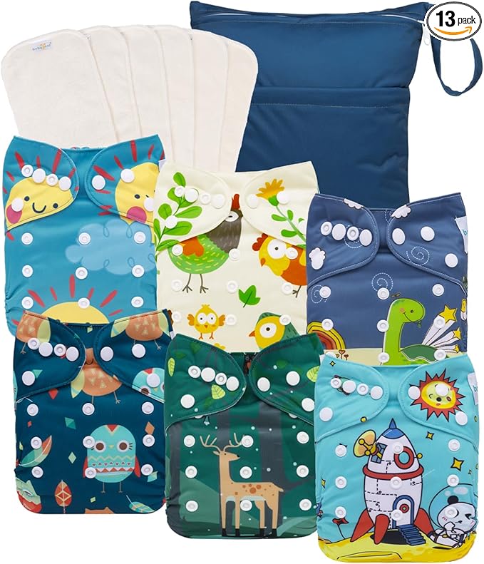babygoal AWJ Cloth Diapers with Tummy Panel Pack of 13, 6 Diaper Cover with 6 Inserts and Wet Dry Bag, Adjustable Washable Reusable for Baby Girls and Boys