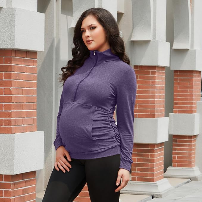GINKANA Maternity Women's Long Sleeve Shirt Half Zipper Lapel Lightweight Casual Maternity Pullover with Pockets