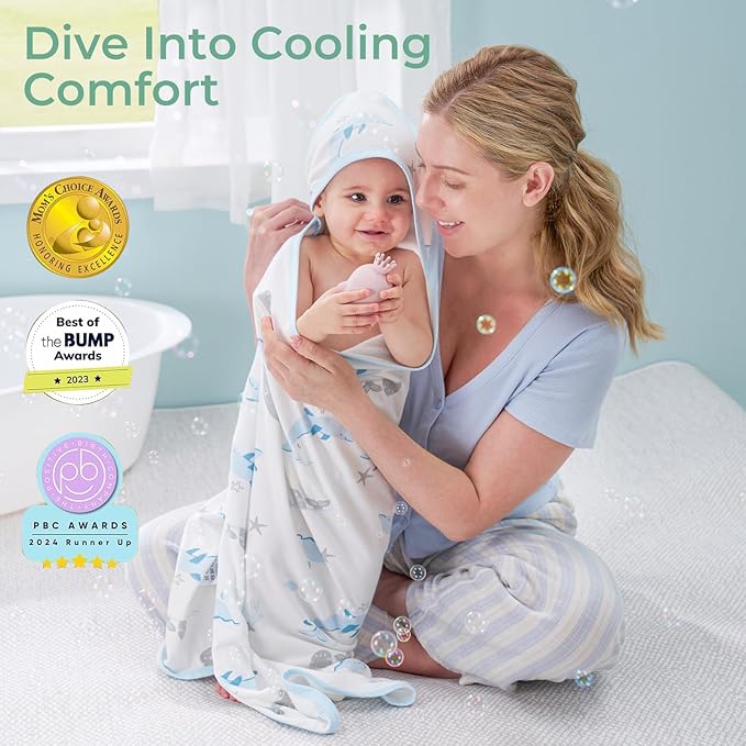 Momcozy Baby Towel with Hooded-Original Design Baby Towel Set -Soft & Absorbent- Shower Gifts or Bath Essential for Infant, Newborn, Toddler, Marine Sea Whale Seal Waves Magic