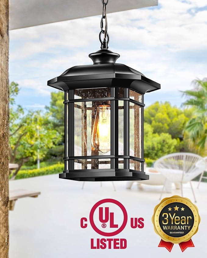 VIANIS Large Outdoor Pendant Light, Black Chandelier Lantern, Anti-Rust Outdoor Hanging Lights, Porch Lights Ceiling with Tempered Seed Glass for House