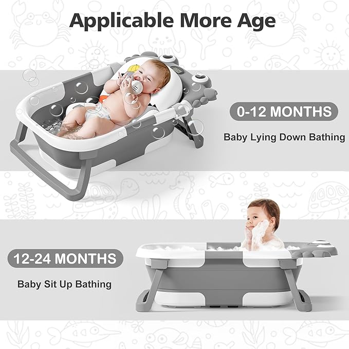 Collapsible Baby Bathtub for Newborns with Thermometer and Soft Floating Cushion Portable and Foldable Travel Baby Boy Bath Tub for Infants to Toddler 0-36 Month (Grey)