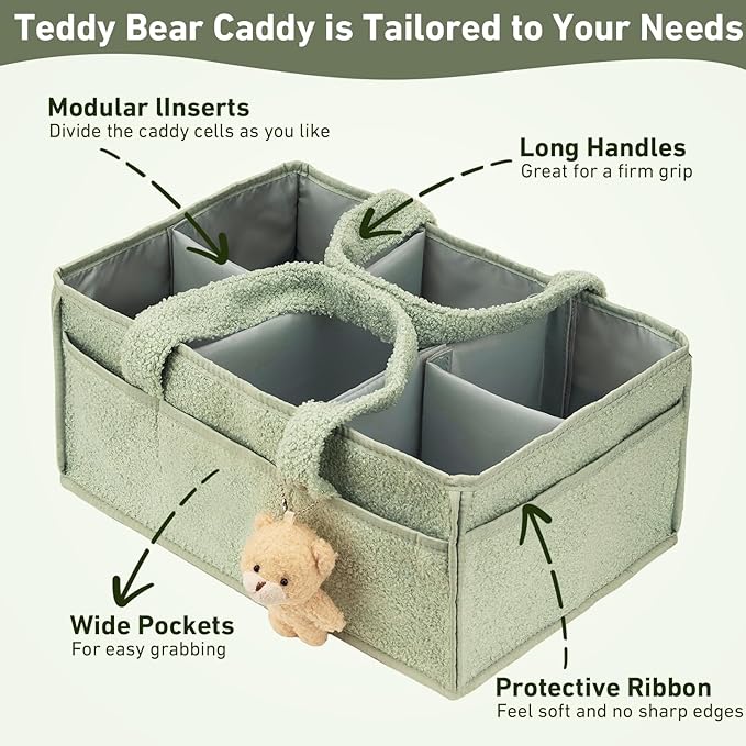 Diaper caddy, wipes, and baby essentials. Versatile as a changing table organizer or car caddy. Portable and stylish in green. Comes with a gift bag—ideal for baby showers