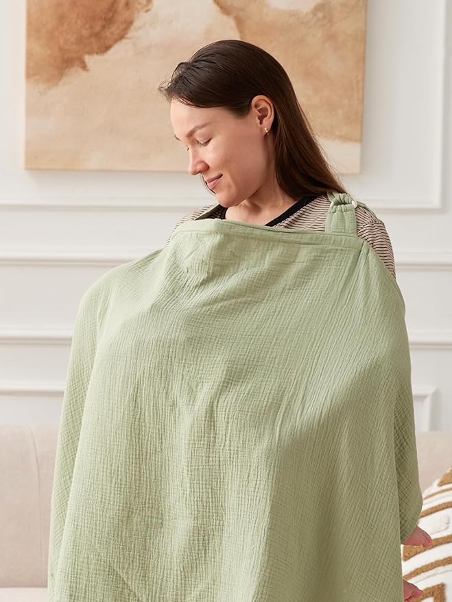 TILLYOU Muslin Nursing Cover for Baby Breastfeeding, 100% Cotton Breathable with Arch Neckline for Women, Green